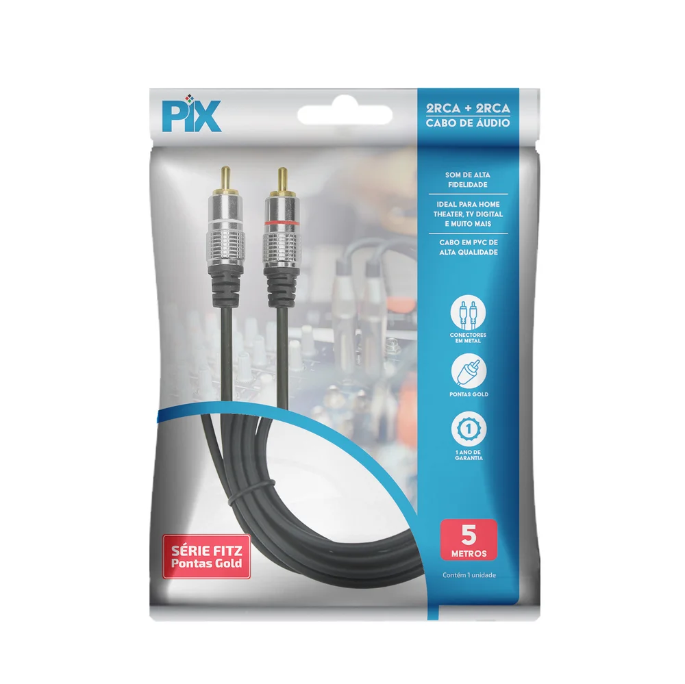 Imagem 2 de 3 do produto Cabo Rca 5 Metros Dupla Blindagem Cobre 2+2 Rca 5m Blindado