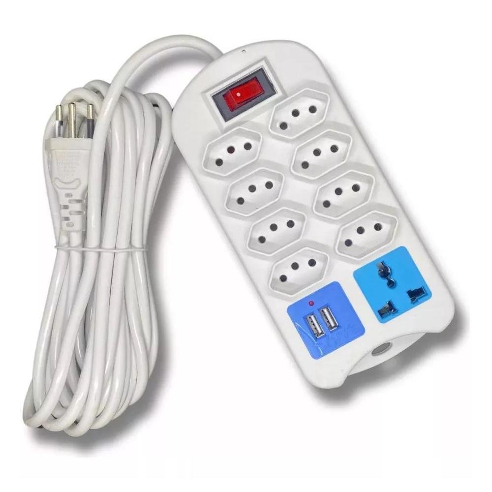 Régua Extensão Elétrica 9 Tomadas Com 2 Usb E Cabo 2 Metros