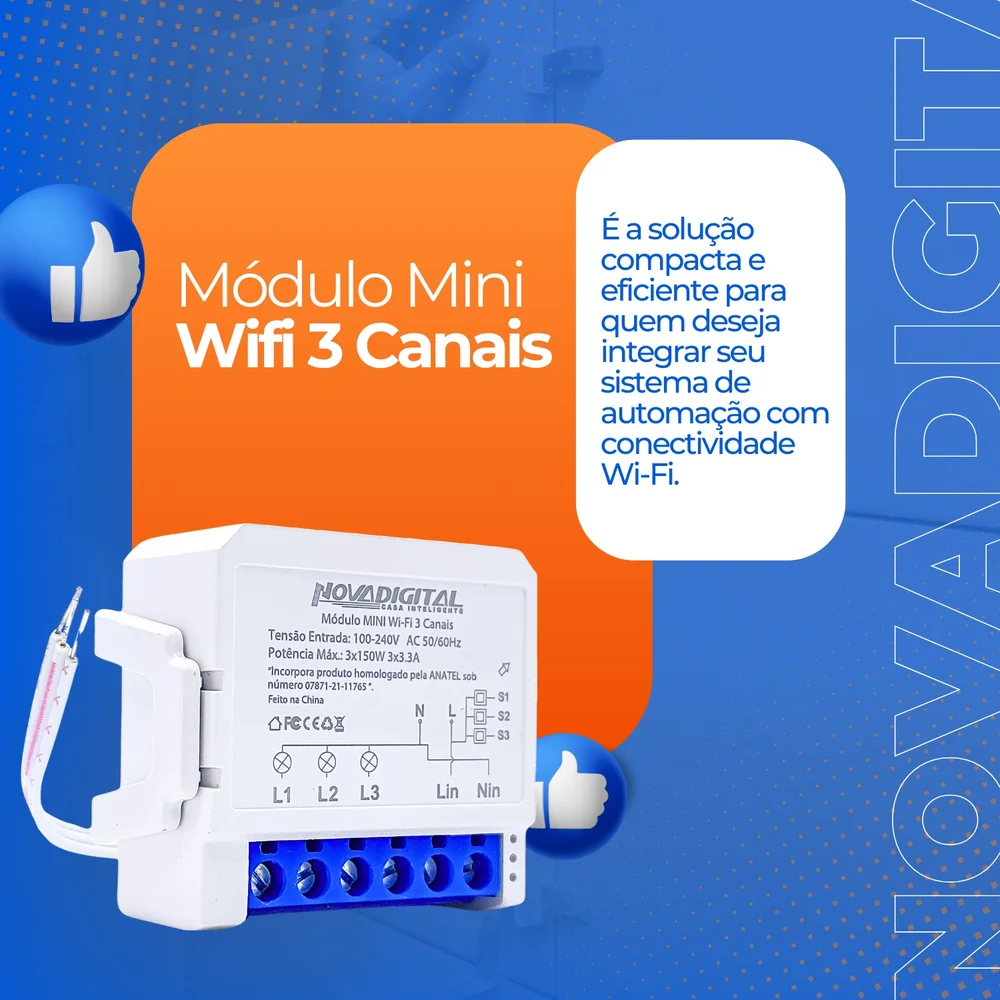 Imagem 3 de 5 do produto Módulo Mini 3 Canais Wifi Compatível com Alexa Google home Smart life e Tuya - Novadigital