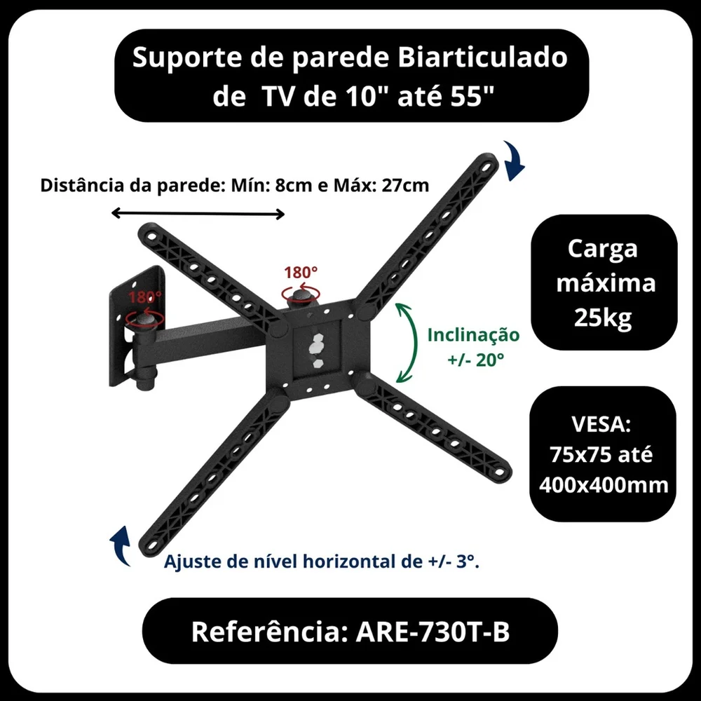 Imagem 2 de 5 do produto Suporte Biarticulado Para Tv, Monitor 10" A 55" Com Inclinação
