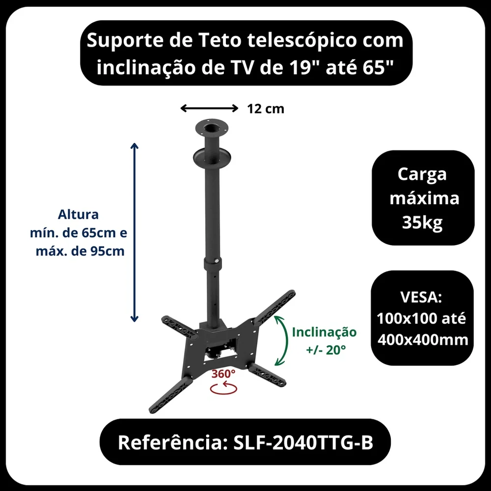 Imagem 4 de 5 do produto Suporte De Teto Para Tv De 19 A 65 " Com Inclinação
