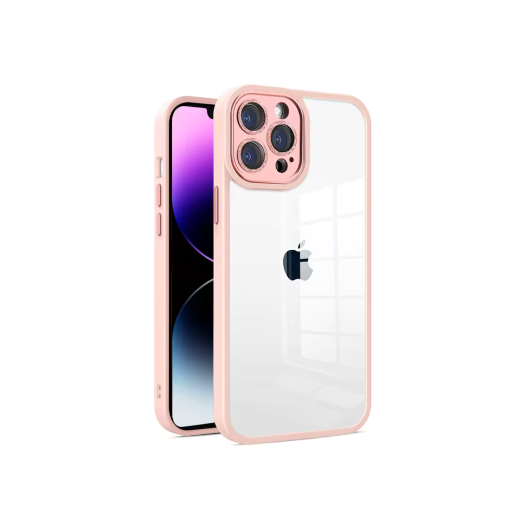 Capa Capinha Case Clean Premium Borda Da Câmera Com Brilho Compatível Para Iphone 12 - Rosa