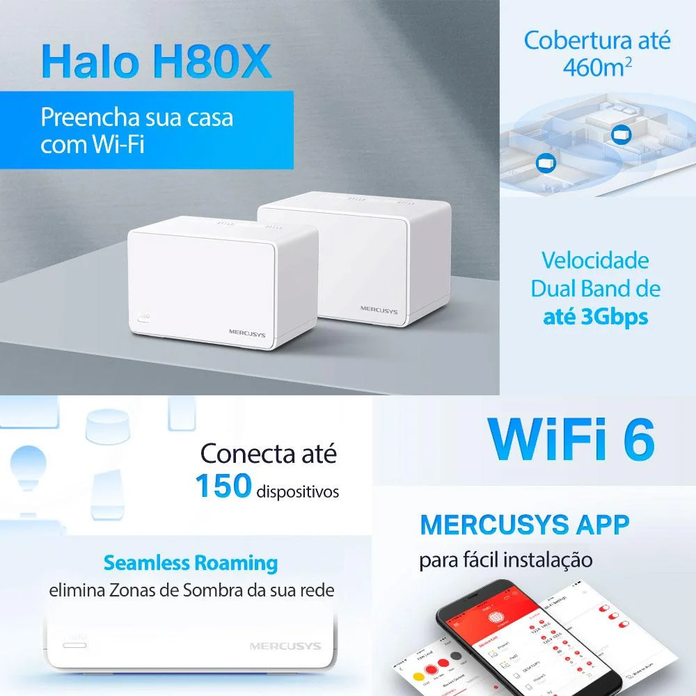 Kit 2x Roteador Mercusys Halo H80x Mesh Wifi6 Ax3000 Dual Band - H80x C/2 Kit 2x Roteador Mercusys Halo H80x Mesh Wifi6 Ax3000 Dual Band - H80x C/2