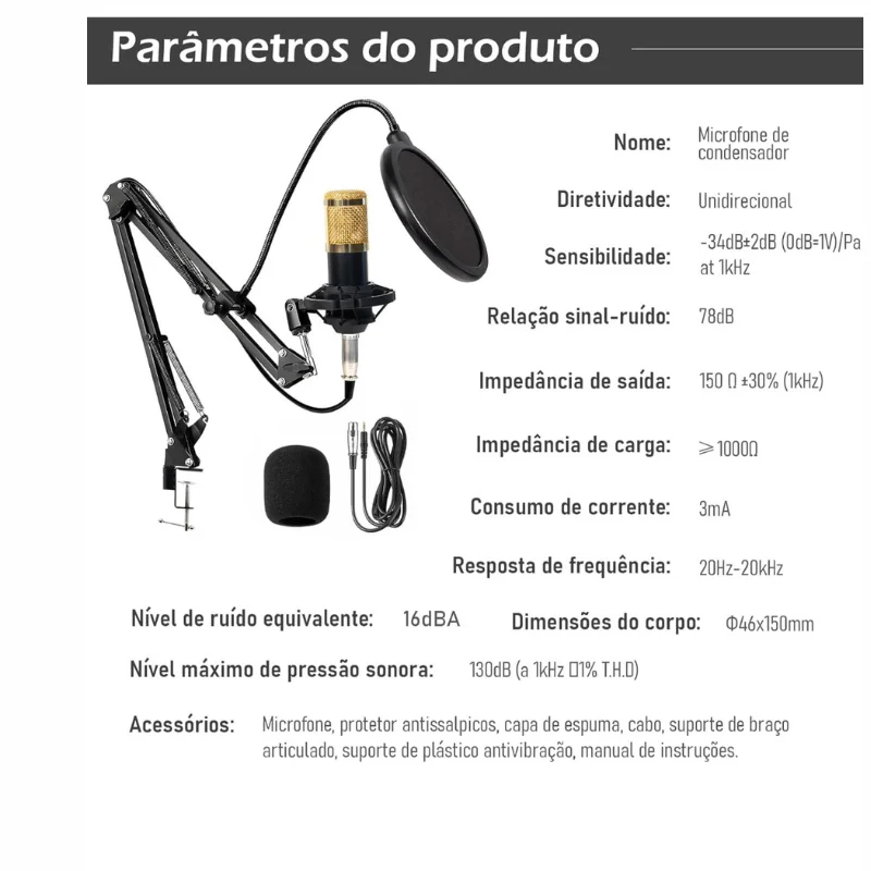 Imagem 3 de 5 do produto Microfone Condensador, Kit Microfone Condensador Com Braço Articulado E Pop Filter Para Transmissão Ao Vivo, Podcast, Gr