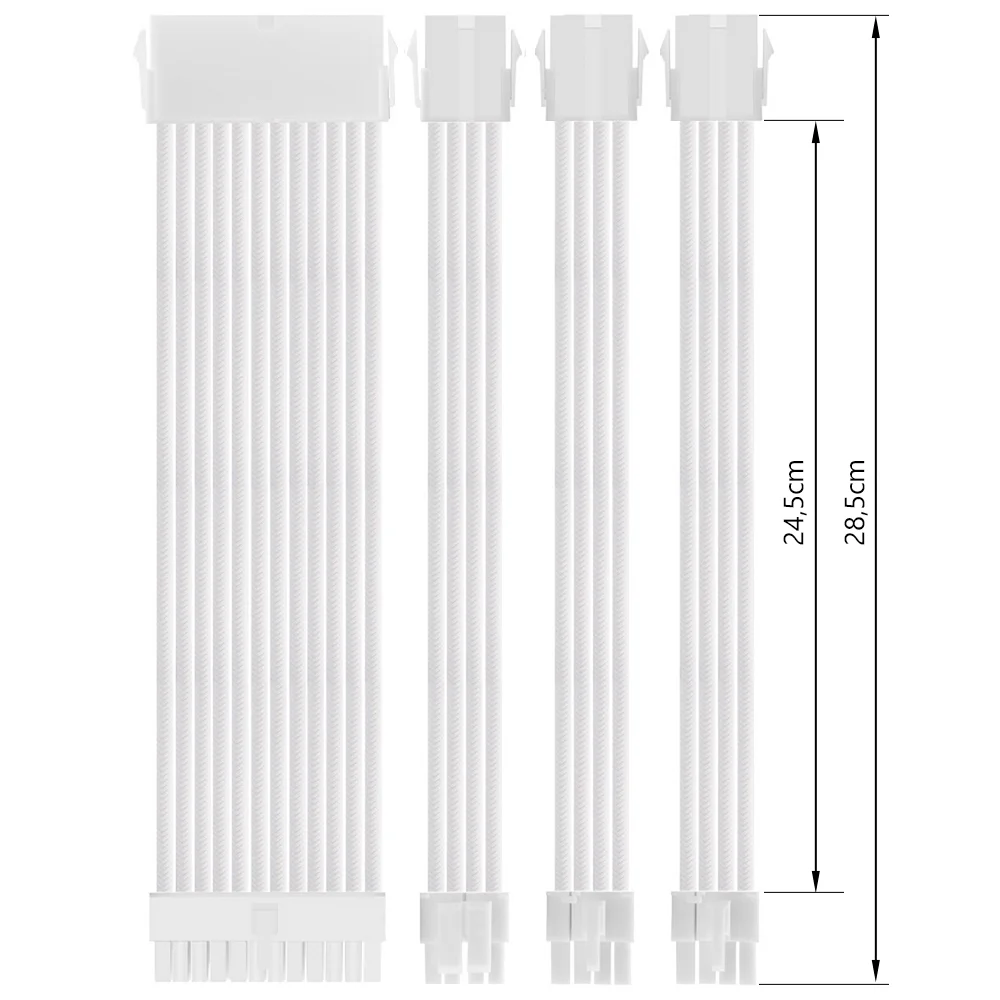 Imagem 3 de 5 do produto Kit 4 Cabo Sleeved Extensor de Fonte, 285mm, Full White (Branco), Compatível com ATX 1 x 24 Pinos, CPU 1 x 4+4 Pinos, GPU 3 x 6+2 Pinos