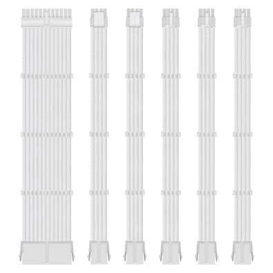 Kit 6 Cabo Sleeved Extensor de Fonte, 285mm, Full White (Branco), Compatível com ATX 1 x 24 Pinos, CPU 2 x 4+4 Pinos, GPU 3 x 6+2 Pinos