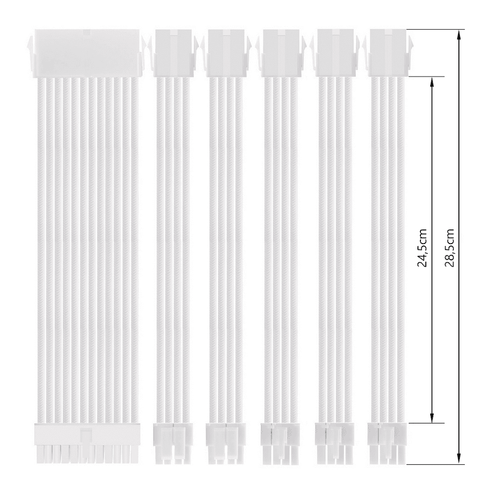 Imagem 3 de 5 do produto Kit 6 Cabo Sleeved Extensor de Fonte, 285mm, Full White (Branco), Compatível com ATX 1 x 24 Pinos, CPU 2 x 4+4 Pinos, GPU 3 x 6+2 Pinos