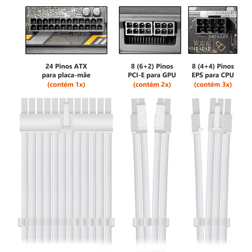 Imagem 4 de 5 do produto Kit 6 Cabo Sleeved Extensor de Fonte, 285mm, Full White (Branco), Compatível com ATX 1 x 24 Pinos, CPU 2 x 4+4 Pinos, GPU 3 x 6+2 Pinos