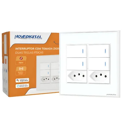 Interruptor Inteligente 4x4 Zigbee 4 Teclas Físicas e 2 Tomadas 10A Novadigital Tuya Smart Life Compatível Alexa Google