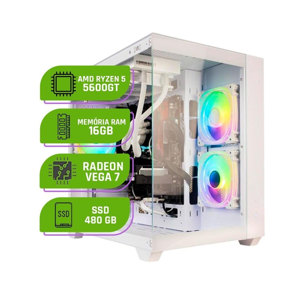 PC Gamer Balão.info Amd Ryzen 5 5600gt, Watercooler 240mm, Memória Ram 16gb Ddr4, SSD 480GB, Vega 7 Branco White