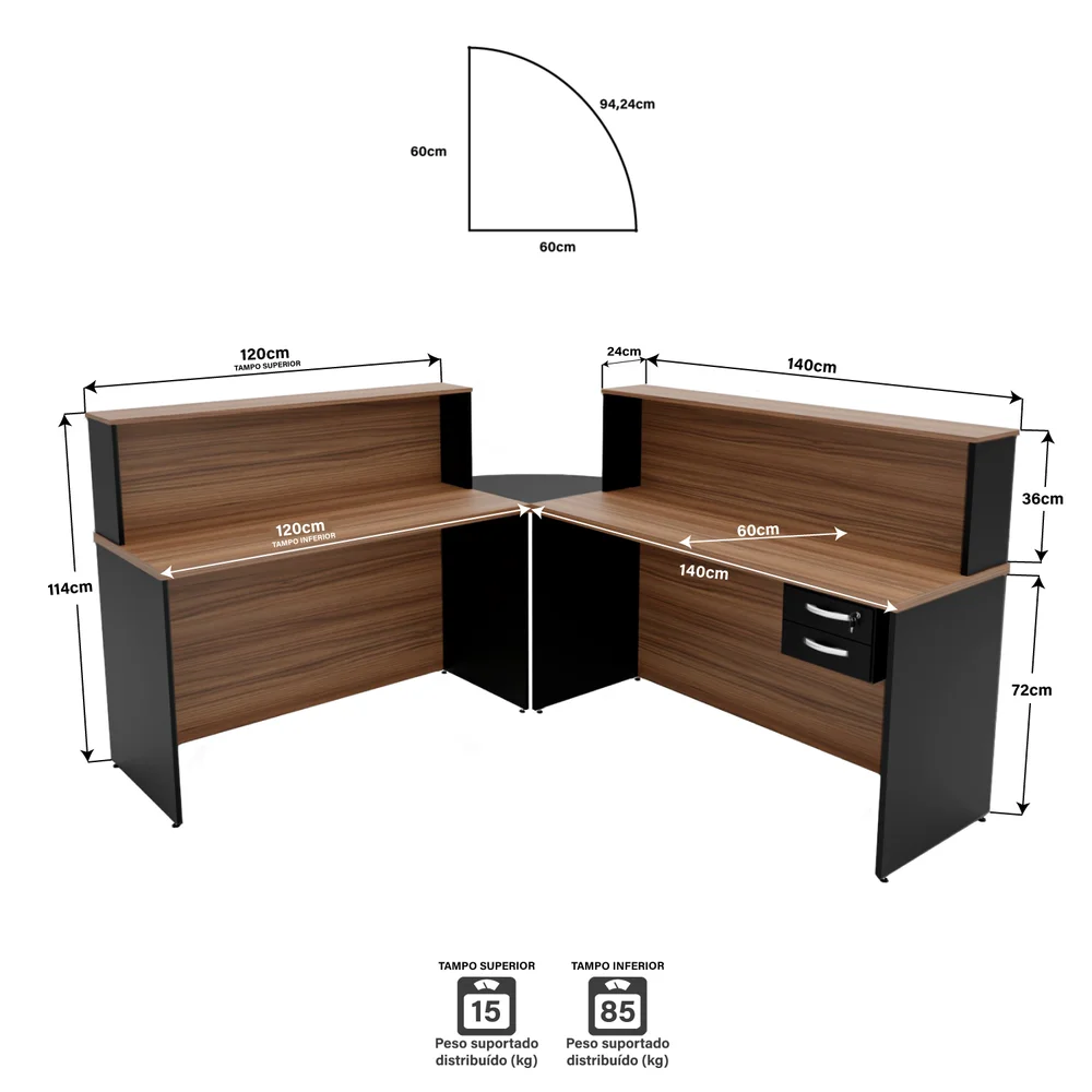 Imagem 2 de 5 do produto Bancada De Canto Em L Atendimento Com Gaveteiro 1400x600 - Nogal