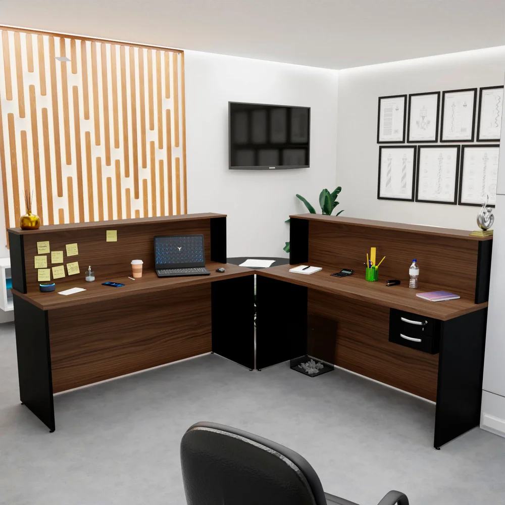 Imagem 3 de 5 do produto Bancada De Canto Em L Atendimento Com Gaveteiro 1400x600 - Nogal