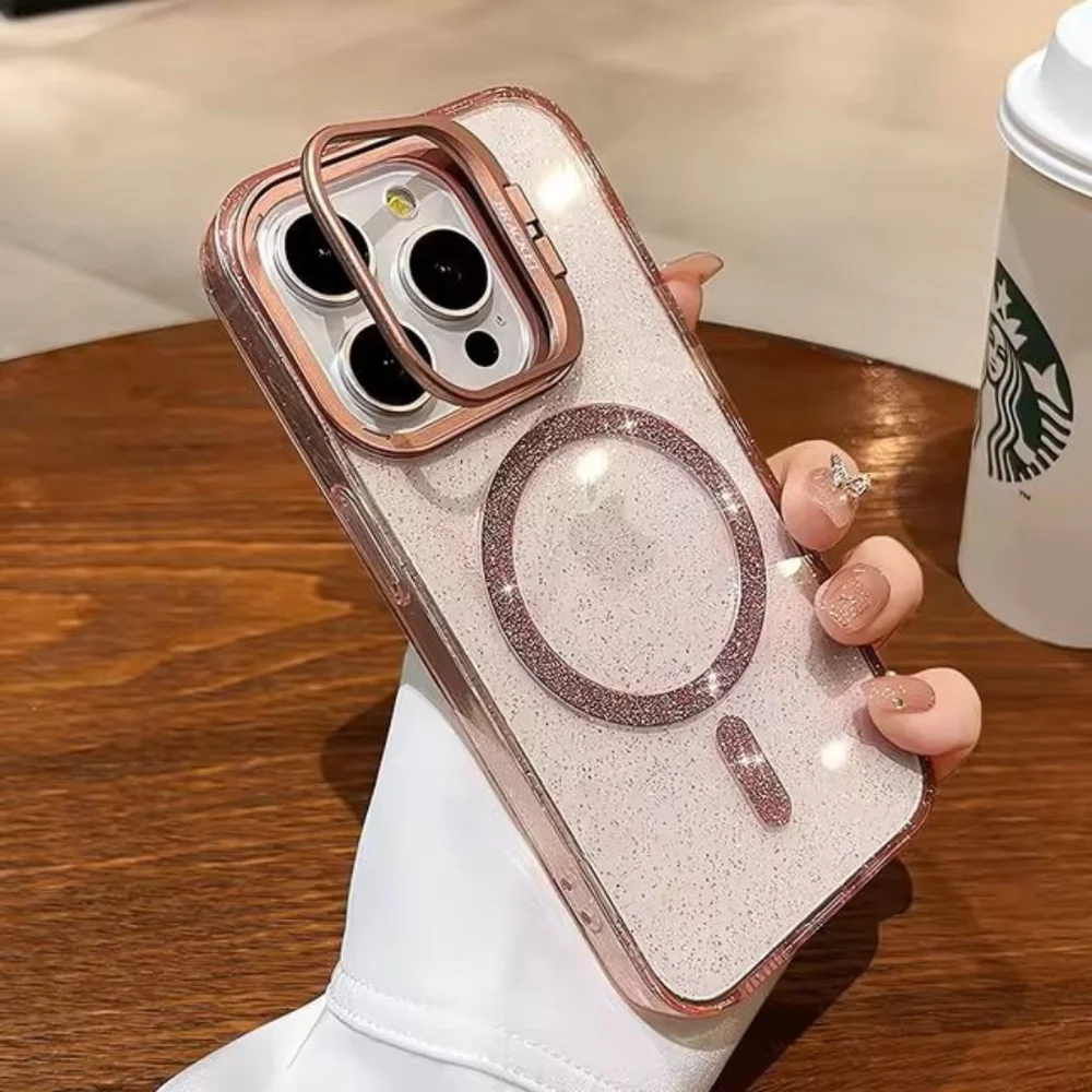 Imagem 5 de 5 do produto Capa Capinha Case Brilho Luxo Glitter Premium Magsafe Magnética Com Suporte Bracket Para Iphone 13 Pro - Rosa