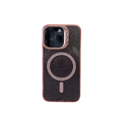 Capa Capinha Case Brilho Luxo Glitter Premium Magsafe Magnética Com Suporte Bracket Para Iphone 15 Pro - Rosa
