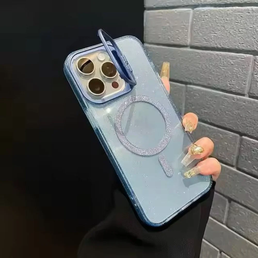 Imagem 4 de 4 do produto Capa Capinha Case Brilho Luxo Glitter Premium Magsafe Magnética Com Suporte Bracket Para Iphone 13 - Azul