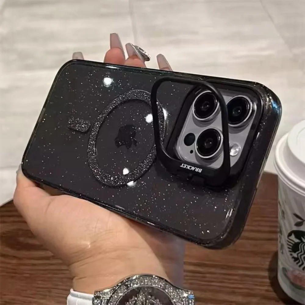 Imagem 3 de 5 do produto Capa Capinha Case Brilho Luxo Glitter Premium Magsafe Magnética Com Suporte Bracket Para Iphone 13 Pro Max - Preto