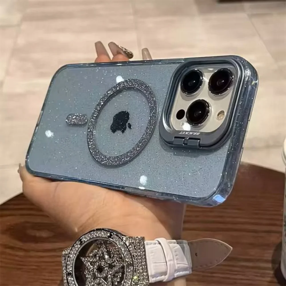 Imagem 2 de 4 do produto Capa Capinha Case Brilho Luxo Glitter Premium Magsafe Magnética Com Suporte Bracket Para Iphone 14 - Azul