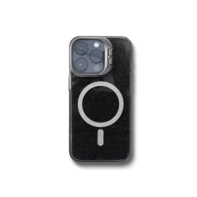 Capa Capinha Case Brilho Luxo Glitter Premium Magsafe Magnética Com Suporte Bracket Para Iphone 15 Pro Max - Preto