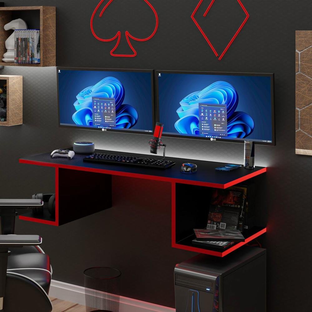 Imagem 3 de 5 do produto Mesa Suspensa Escrivaninha Computador 900x420 C/ Prateleiras - Vermelho