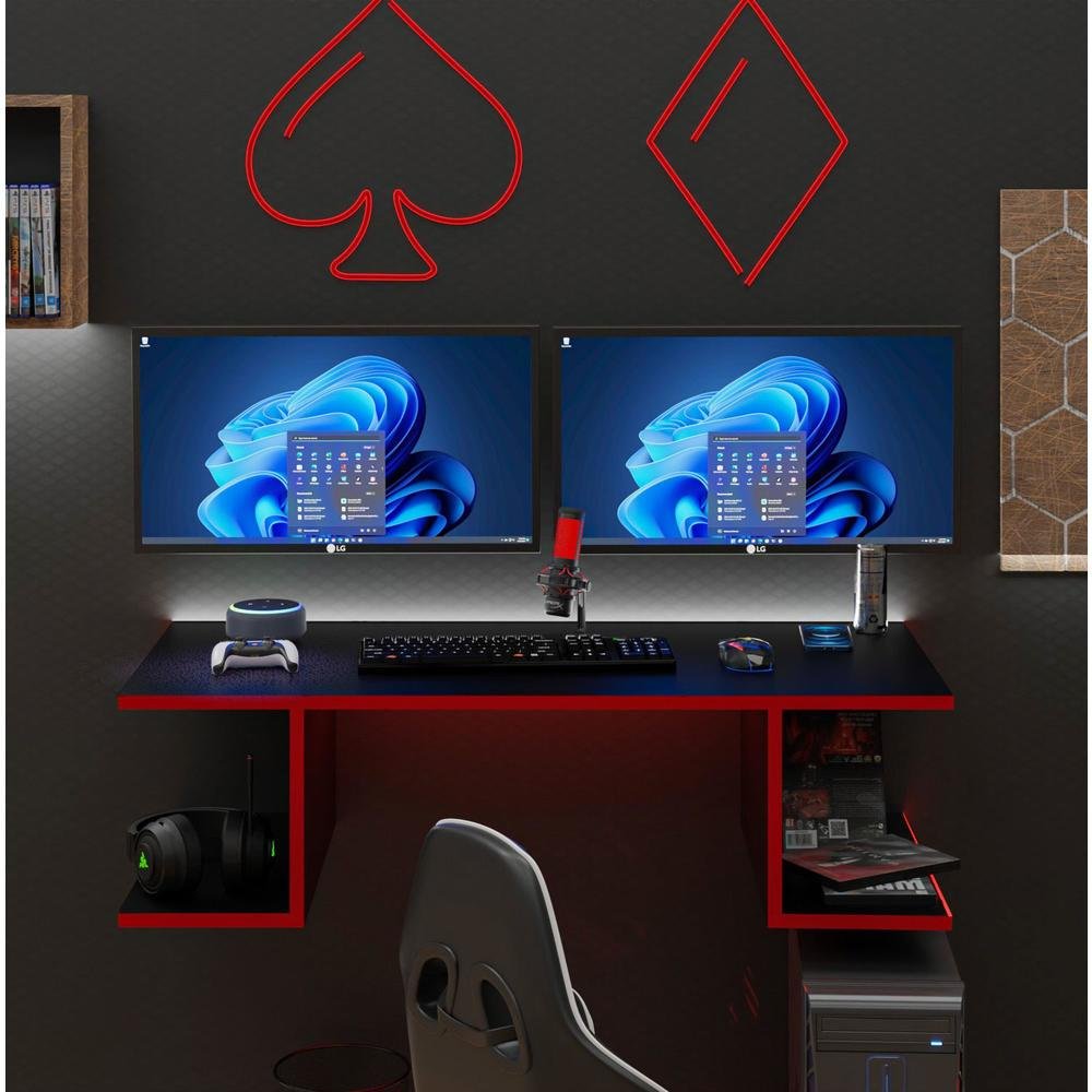 Imagem 4 de 5 do produto Mesa Suspensa Escrivaninha Computador 900x420 C/ Prateleiras - Vermelho