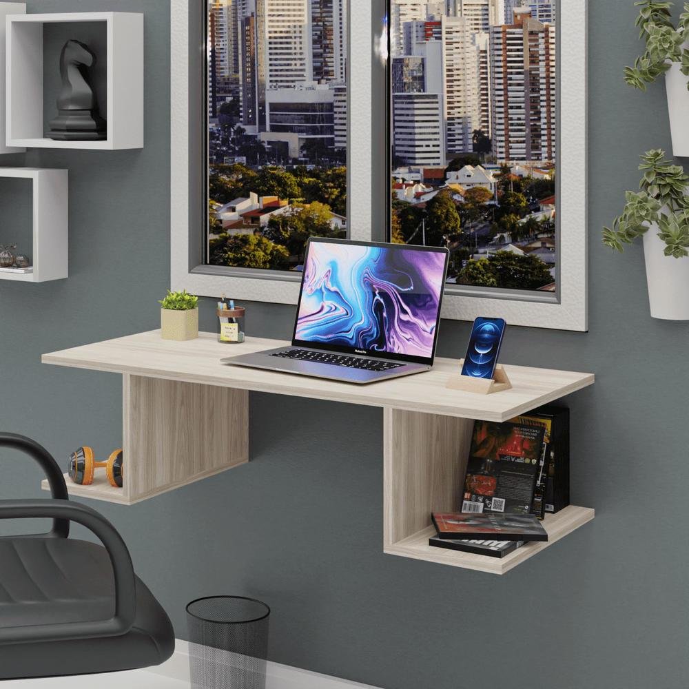Imagem 3 de 5 do produto Mesa Suspensa Escrivaninha Computador 900x420 C/ Prateleiras - Dubai