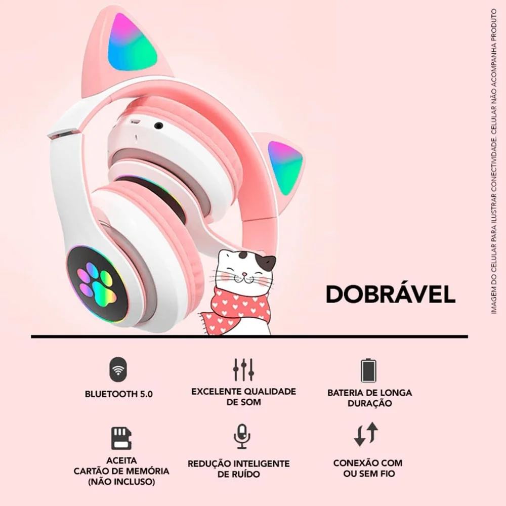 Imagem 2 de 5 do produto Fone De Ouvido Orelha De Gatinho Cat Ear Headphone Bluetooth Com Luzes RGB  (rosa)