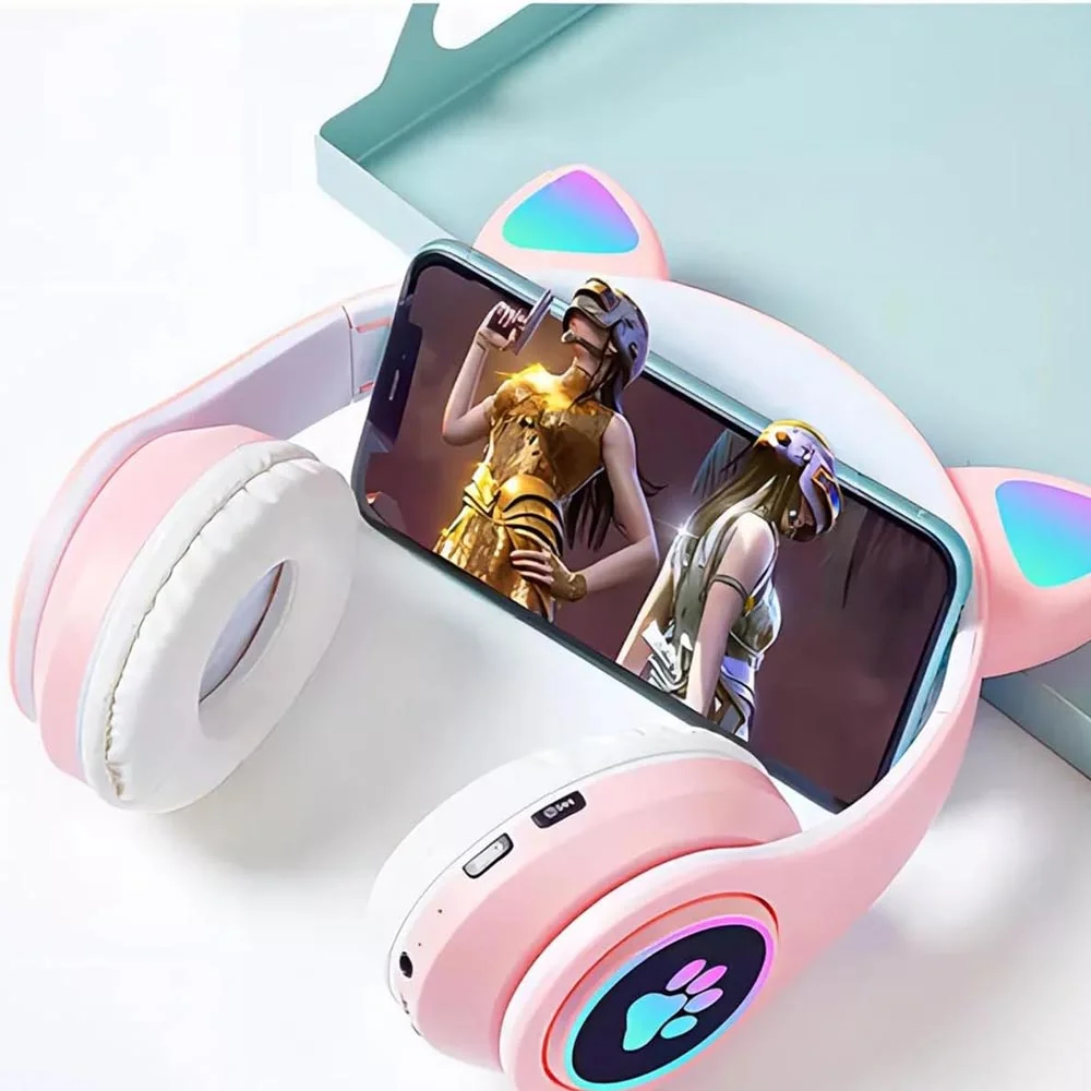 Imagem 3 de 5 do produto Fone De Ouvido Orelha De Gatinho Cat Ear Headphone Bluetooth Com Luzes RGB  (rosa)