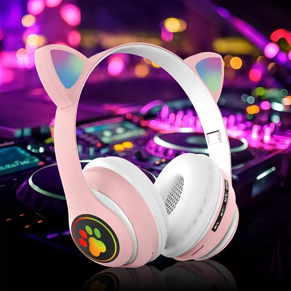 Imagem 4 de 5 do produto Fone De Ouvido Orelha De Gatinho Cat Ear Headphone Bluetooth Com Luzes RGB  (rosa)