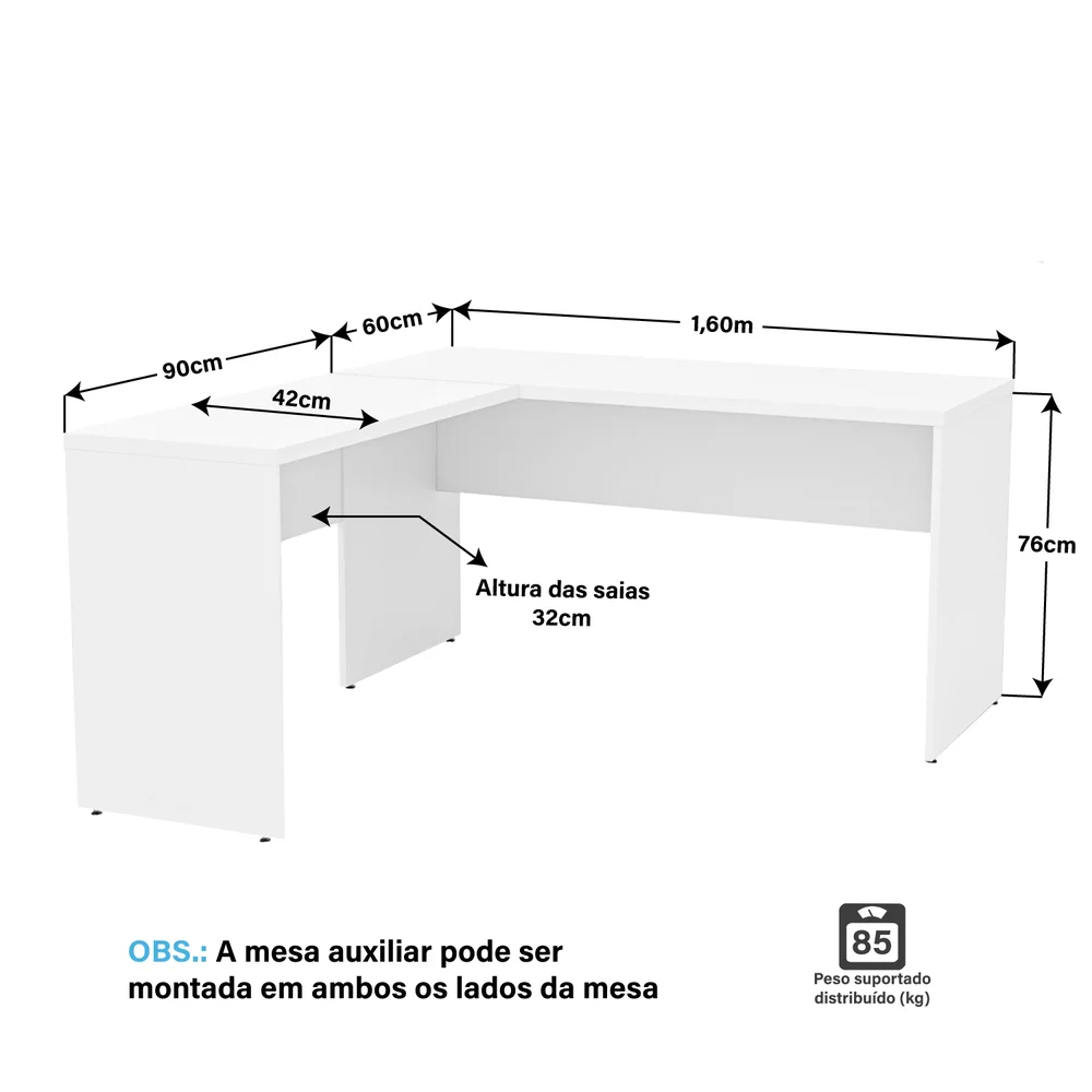 Imagem 5 de 5 do produto Mesa De Escritório Em L 1.60x1.50 Netmobil Tampo 30mm - Branco