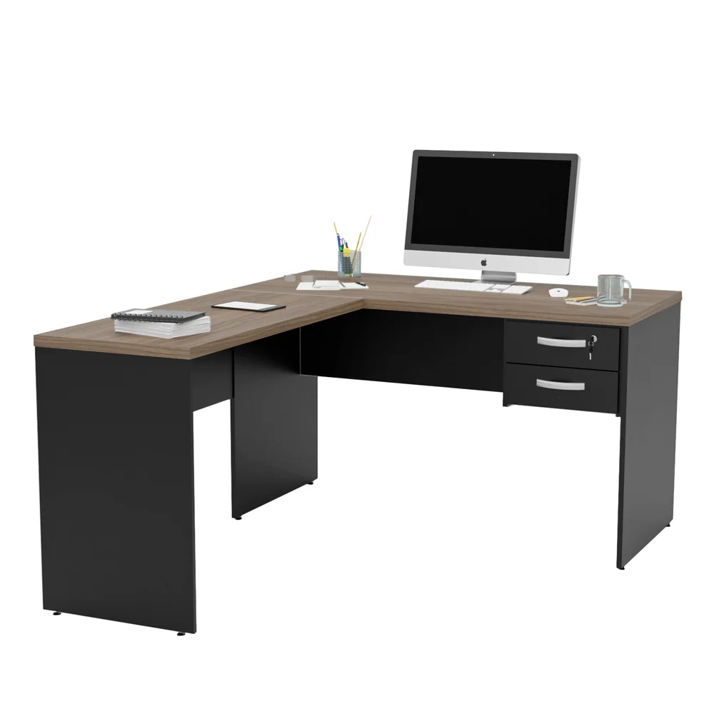 Mesa De Escritório Em L 1.20x1.50 Com Gaveteiro Tampo 30mm - Nogal