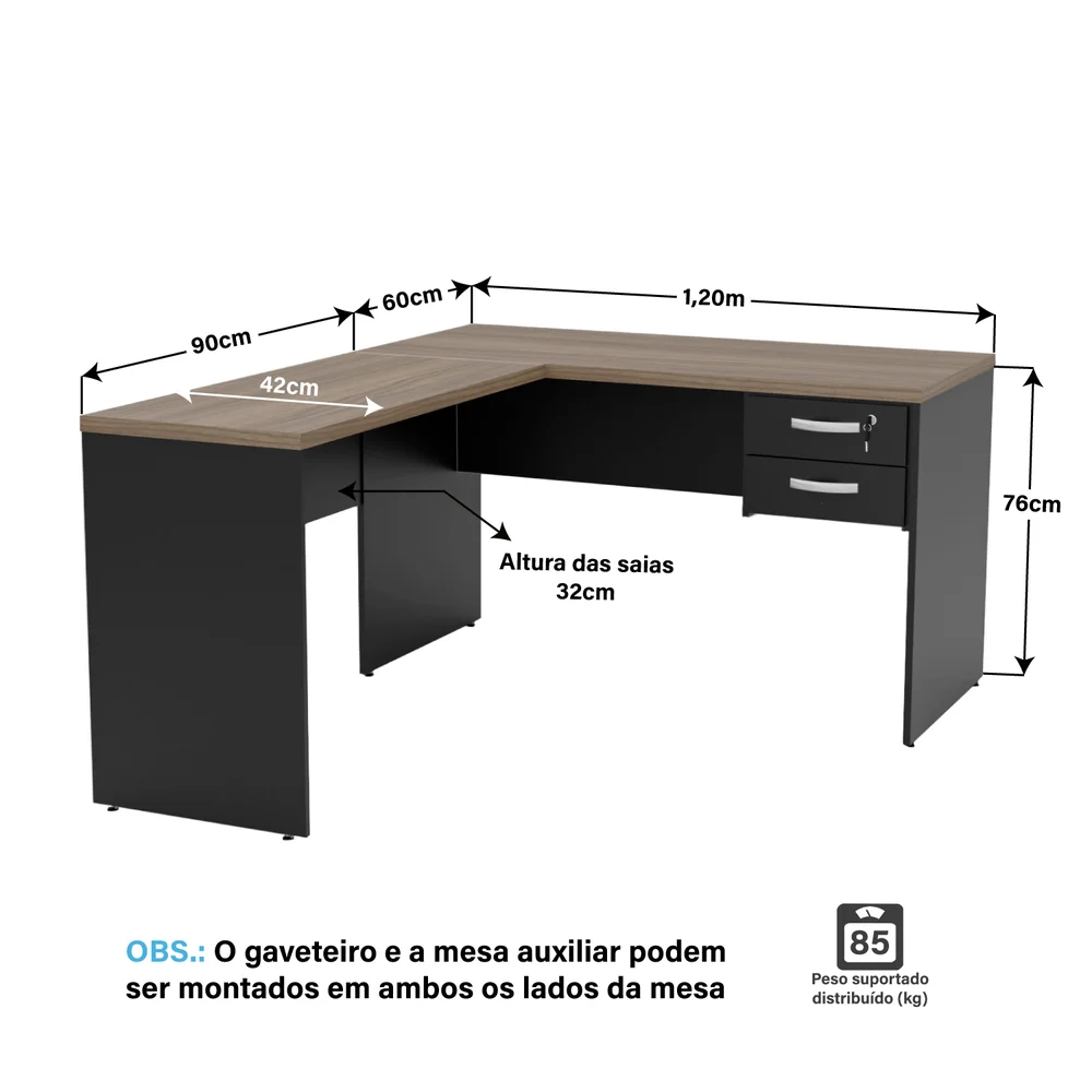 Imagem 2 de 5 do produto Mesa De Escritório Em L 1.20x1.50 Com Gaveteiro Tampo 30mm - Nogal