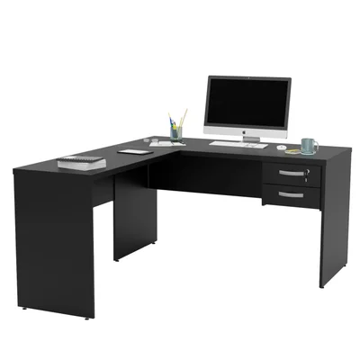 Mesa De Escritório Em L 1.40x1.50 Com Gaveteiro Tampo 30mm - Preto