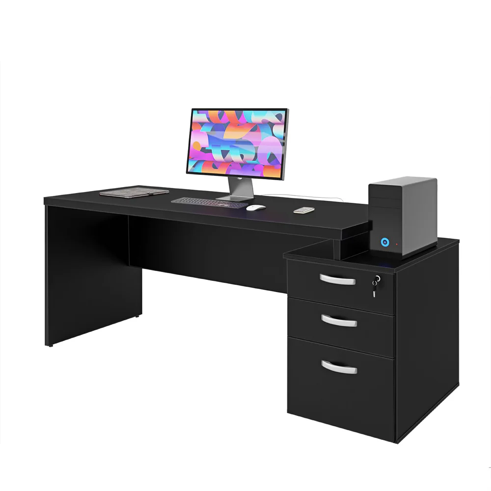 Imagem 2 de 5 do produto Mesa De Escritório Pedestal 3 Gav 1.90x70 Tpo 30mm - Preto
