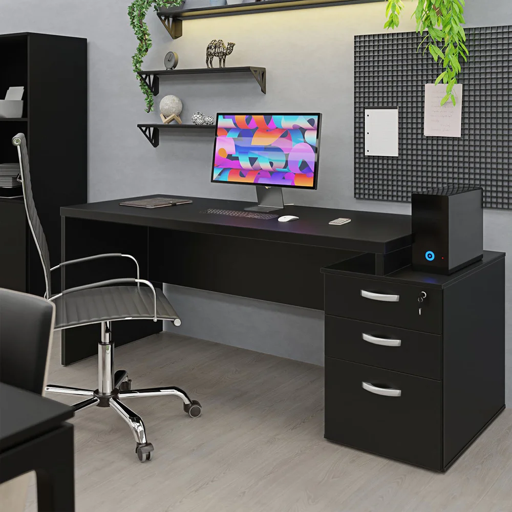 Imagem 3 de 5 do produto Mesa De Escritório Pedestal 3 Gav 1.90x70 Tpo 30mm - Preto