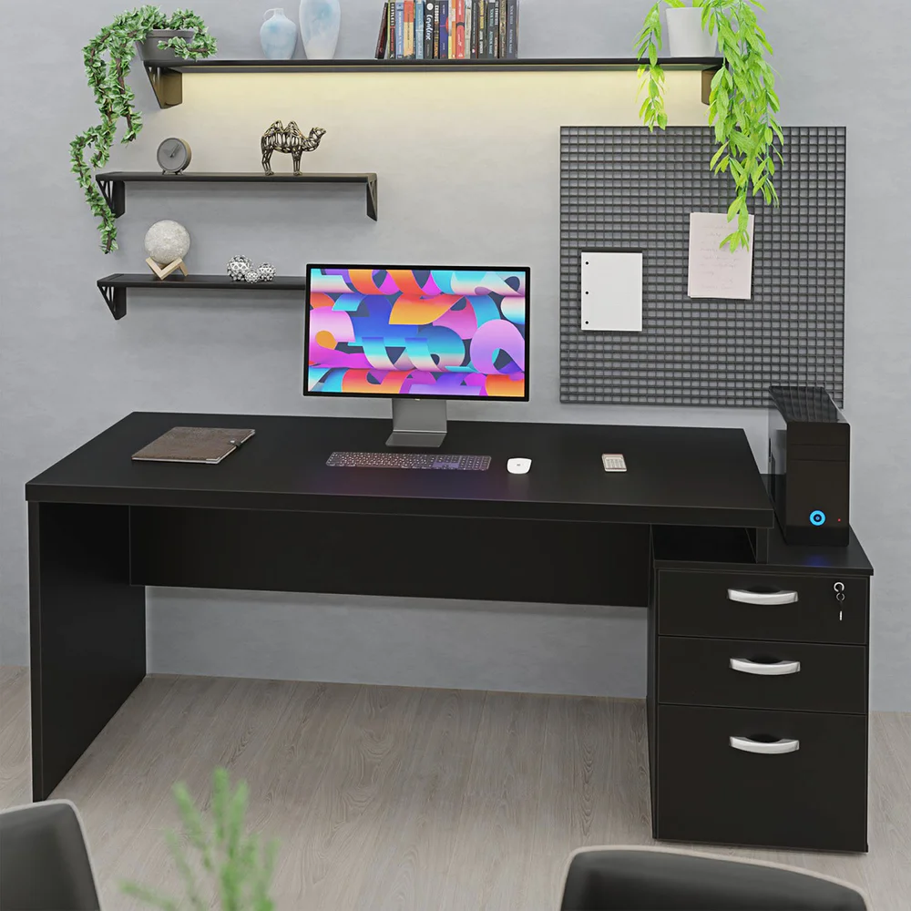 Imagem 4 de 5 do produto Mesa De Escritório Pedestal 3 Gav 1.90x70 Tpo 30mm - Preto