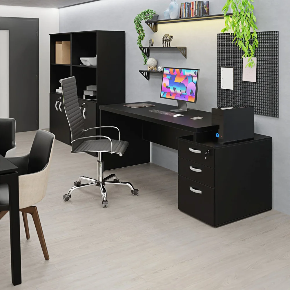 Imagem 5 de 5 do produto Mesa De Escritório Pedestal 3 Gav 1.90x70 Tpo 30mm - Preto
