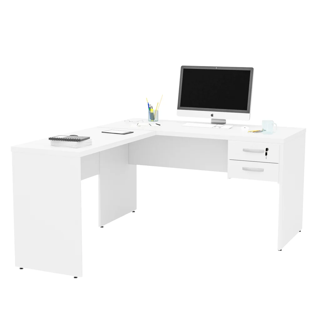 Mesa De Escritório Em L 1.20x1.50 Com Gaveteiro Tampo 30mm - Branco