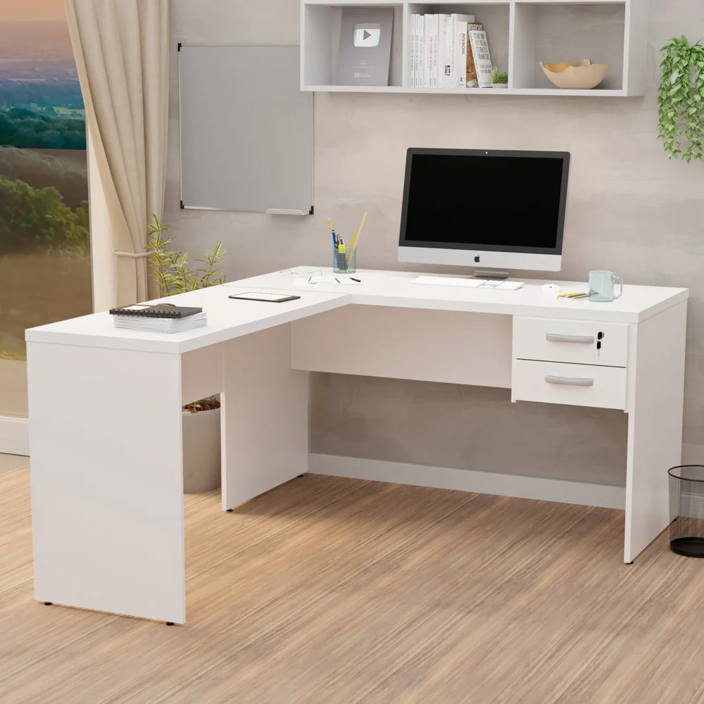Imagem 2 de 5 do produto Mesa De Escritório Em L 1.40x1.50 Com Gaveteiro Tampo 30mm - Branco