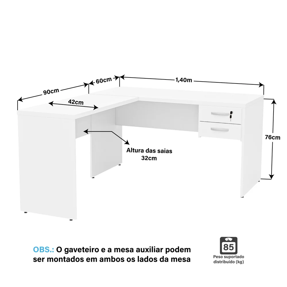 Imagem 3 de 5 do produto Mesa De Escritório Em L 1.40x1.50 Com Gaveteiro Tampo 30mm - Branco