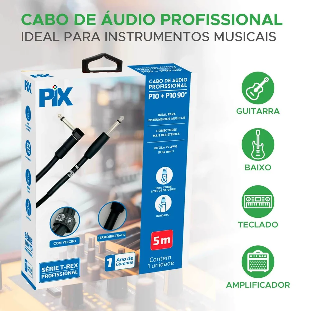 Imagem 3 de 5 do produto Cabo P10 + P10 90° Mono 100% Cobre P/ Instrumentos 5 Metros