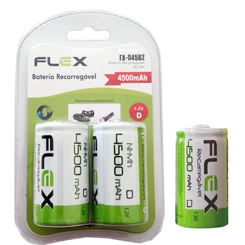 Imagem 1 de 3 do produto Pilha Recarregavel Tipo D Flex 4500mah Grande Lr20 Com 2 Und