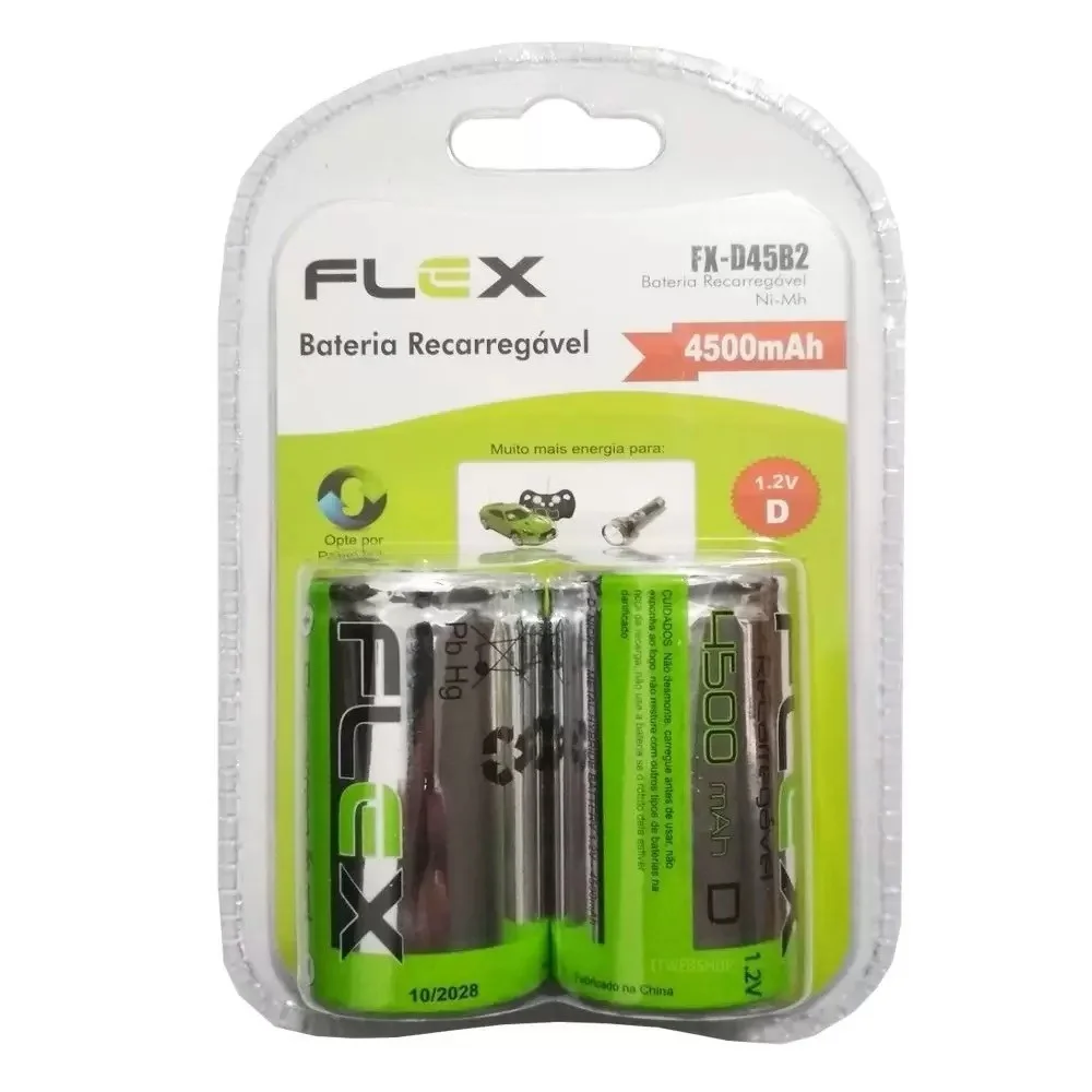 Imagem 2 de 3 do produto Pilha Recarregavel Tipo D Flex 4500mah Grande Lr20 Com 2 Und