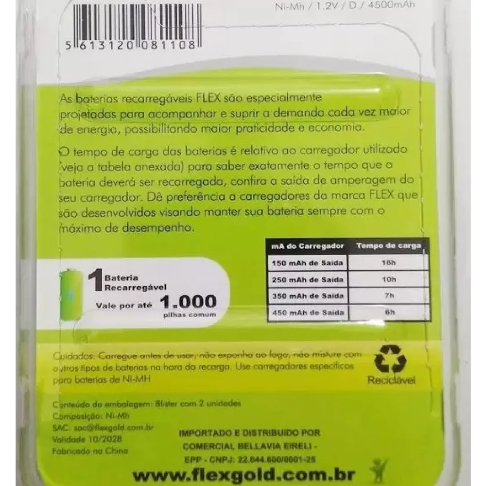 Imagem 3 de 3 do produto Pilha Recarregavel Tipo D Flex 4500mah Grande Lr20 Com 2 Und
