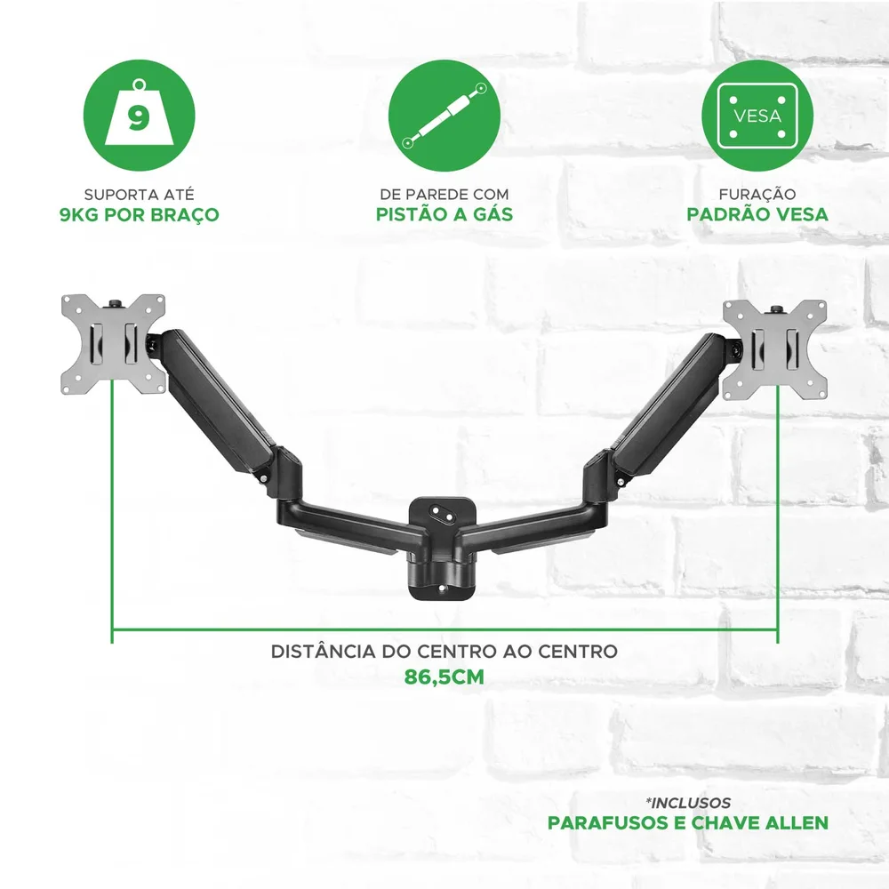 Imagem 2 de 5 do produto Suporte Articulado De Parede C/ Pistão A Gás P/ 2 Monitores