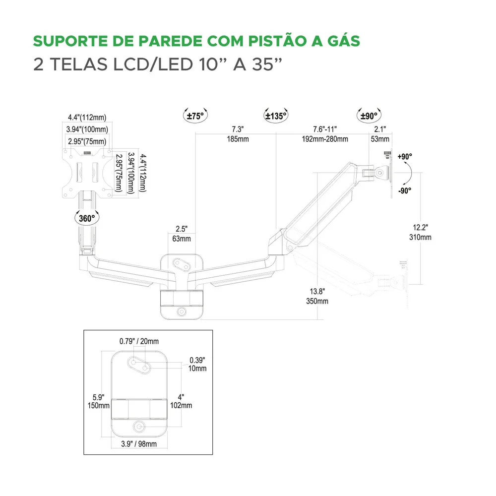 Imagem 3 de 5 do produto Suporte Articulado De Parede C/ Pistão A Gás P/ 2 Monitores