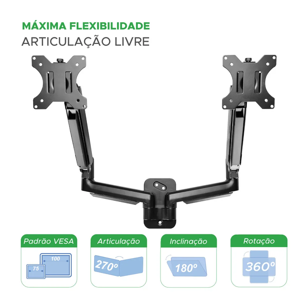 Imagem 4 de 5 do produto Suporte Articulado De Parede C/ Pistão A Gás P/ 2 Monitores