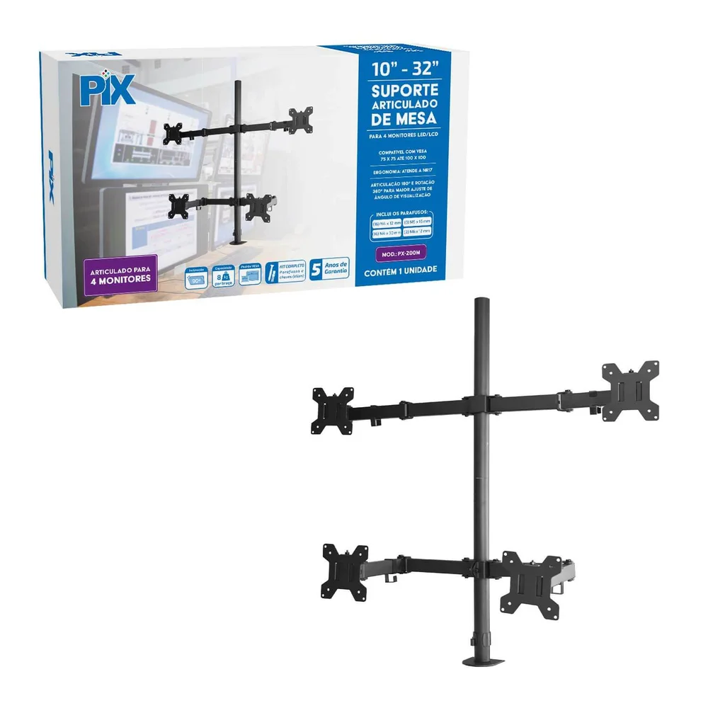 Imagem 1 de 5 do produto Suporte Articulado C/morsa P/ 4 Monitores De Mesa 10 Até 32"