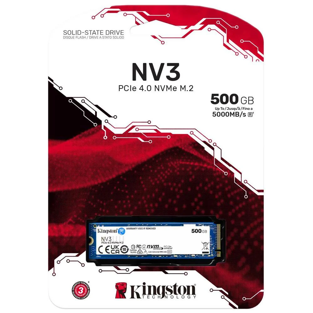 SSD 500gb Kingston Nv3, M.2 2280, PCie 4.0 Nvme, Leitura/gravação: 5000/3000 Mb/s, Snv3s/500g