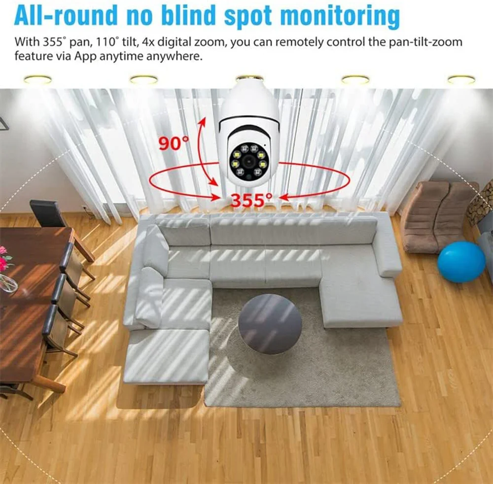 Imagem 3 de 5 do produto Câmera Lâmpada De Segurança Wifi, 1080p Câmera De Base E27 Com Visão Noturna