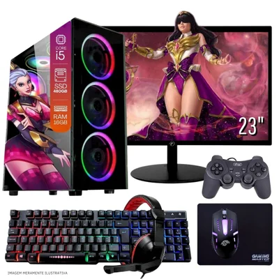 Computador PC Gamer Completo Tob Intel Core I5 SSD 480GB 16gb Teclado Mouse Mouse Pad E Headset Gamer Joystick Monitor 23" WINDOWS 10 Pro Trial